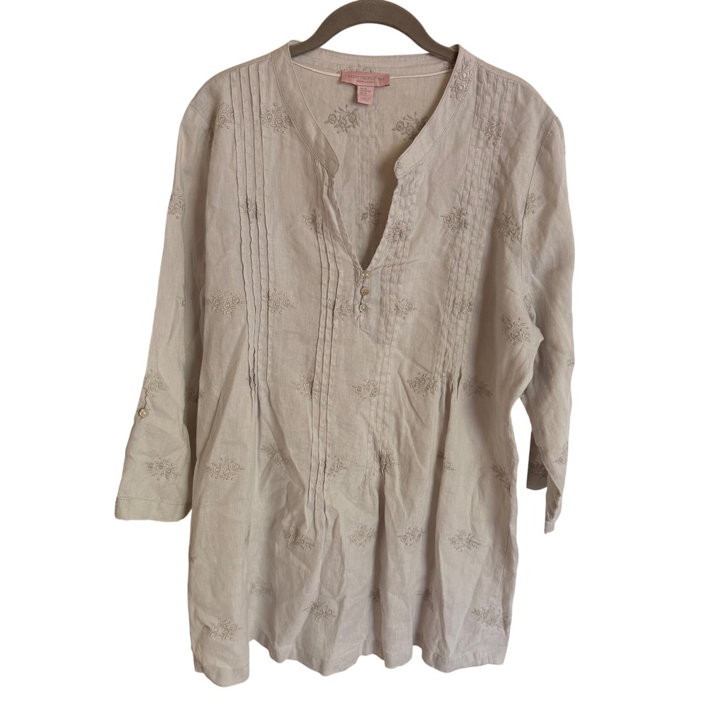 Saint Tropez West Womens XL Linen Embroidered Pintuck Roll Tab Tunic Top Beige